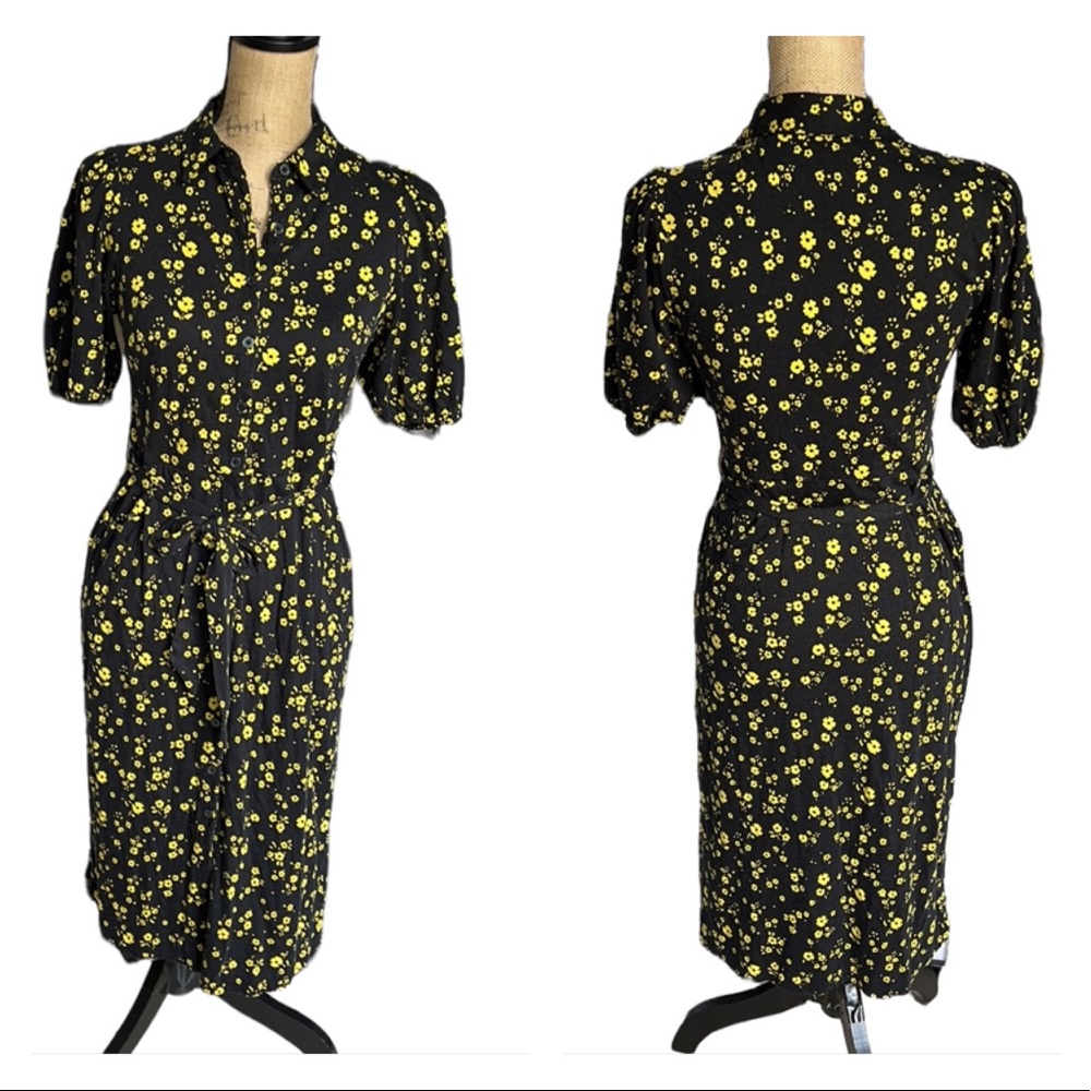 Boden Button Front Short Sleeve Yellow Black Floral Knit Midi Dress
